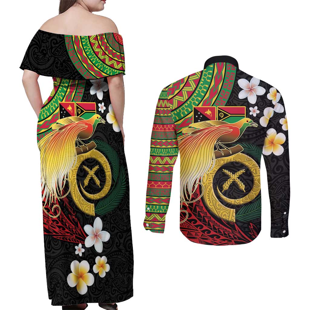 Vanuatu and Papua New Guinea Together Couples Matching Off Shoulder Maxi Dress and Long Sleeve Button Shirt Bird-of-paradise and Pig Tusk Melanesian Pattern LT03 - Polynesian Pride