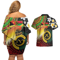 Vanuatu and Papua New Guinea Together Couples Matching Off Shoulder Short Dress and Hawaiian Shirt Bird-of-paradise and Pig Tusk Melanesian Pattern LT03 - Polynesian Pride