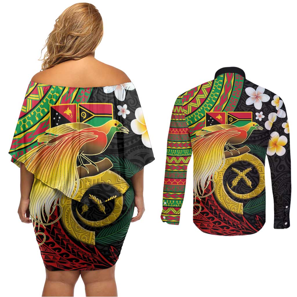 Vanuatu and Papua New Guinea Together Couples Matching Off Shoulder Short Dress and Long Sleeve Button Shirt Bird-of-paradise and Pig Tusk Melanesian Pattern LT03 - Polynesian Pride