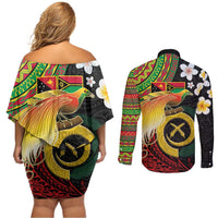 Vanuatu and Papua New Guinea Together Couples Matching Off Shoulder Short Dress and Long Sleeve Button Shirt Bird-of-paradise and Pig Tusk Melanesian Pattern LT03 - Polynesian Pride