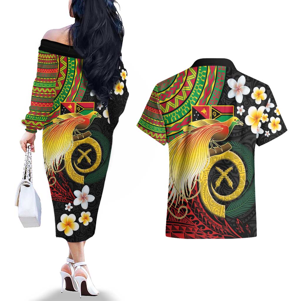 Vanuatu and Papua New Guinea Together Couples Matching Off The Shoulder Long Sleeve Dress and Hawaiian Shirt Bird-of-paradise and Pig Tusk Melanesian Pattern LT03 - Polynesian Pride