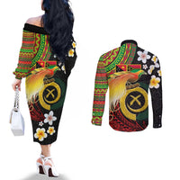 Vanuatu and Papua New Guinea Together Couples Matching Off The Shoulder Long Sleeve Dress and Long Sleeve Button Shirt Bird-of-paradise and Pig Tusk Melanesian Pattern LT03 - Polynesian Pride