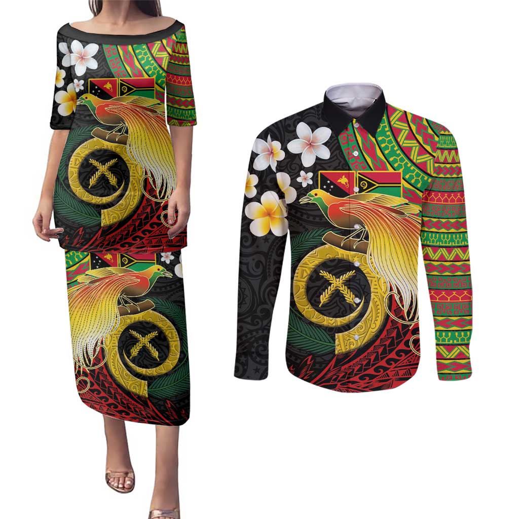 Vanuatu and Papua New Guinea Together Couples Matching Puletasi and Long Sleeve Button Shirt Bird-of-paradise and Pig Tusk Melanesian Pattern LT03 Black - Polynesian Pride