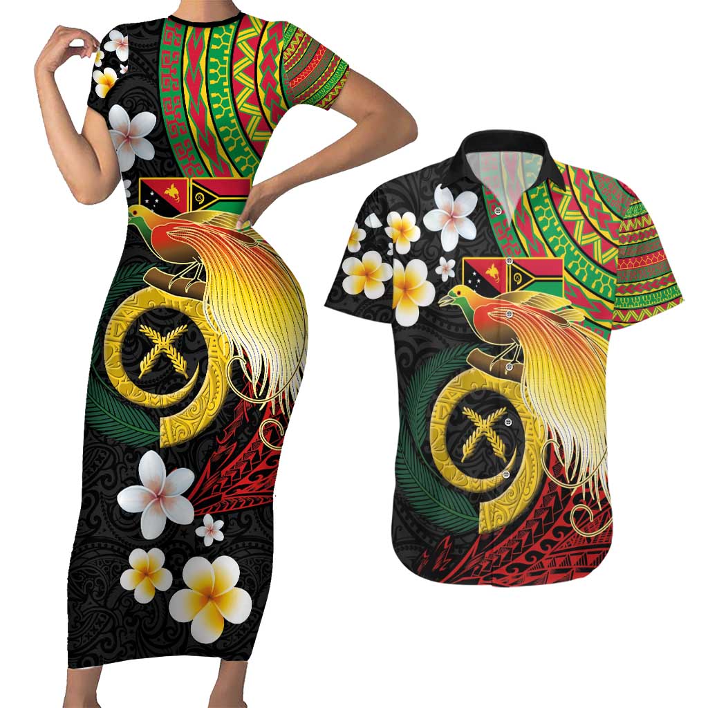 Vanuatu and Papua New Guinea Together Couples Matching Short Sleeve Bodycon Dress and Hawaiian Shirt Bird-of-paradise and Pig Tusk Melanesian Pattern LT03 Black - Polynesian Pride