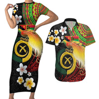 Vanuatu and Papua New Guinea Together Couples Matching Short Sleeve Bodycon Dress and Hawaiian Shirt Bird-of-paradise and Pig Tusk Melanesian Pattern LT03 Black - Polynesian Pride