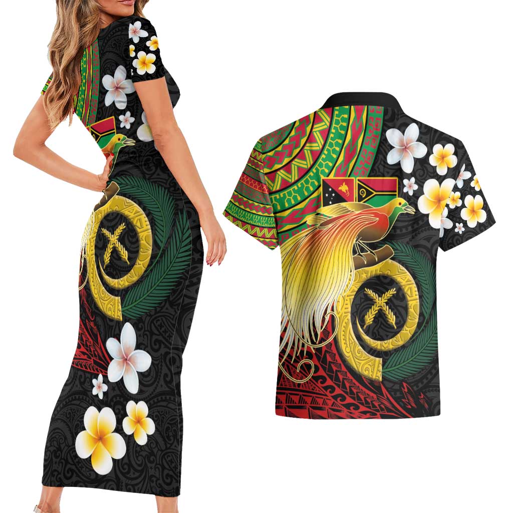 Vanuatu and Papua New Guinea Together Couples Matching Short Sleeve Bodycon Dress and Hawaiian Shirt Bird-of-paradise and Pig Tusk Melanesian Pattern LT03 - Polynesian Pride