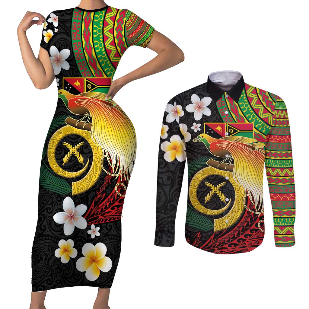 Vanuatu and Papua New Guinea Together Couples Matching Short Sleeve Bodycon Dress and Long Sleeve Button Shirt Bird-of-paradise and Pig Tusk Melanesian Pattern LT03 Black - Polynesian Pride