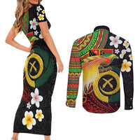 Vanuatu and Papua New Guinea Together Couples Matching Short Sleeve Bodycon Dress and Long Sleeve Button Shirt Bird-of-paradise and Pig Tusk Melanesian Pattern LT03 - Polynesian Pride