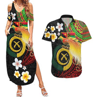 Vanuatu and Papua New Guinea Together Couples Matching Summer Maxi Dress and Hawaiian Shirt Bird-of-paradise and Pig Tusk Melanesian Pattern LT03 Black - Polynesian Pride