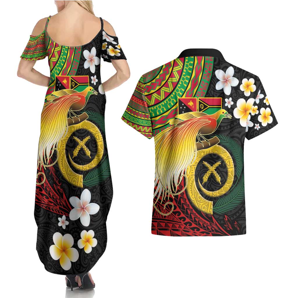 Vanuatu and Papua New Guinea Together Couples Matching Summer Maxi Dress and Hawaiian Shirt Bird-of-paradise and Pig Tusk Melanesian Pattern LT03 - Polynesian Pride