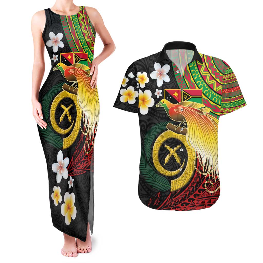 Vanuatu and Papua New Guinea Together Couples Matching Tank Maxi Dress and Hawaiian Shirt Bird-of-paradise and Pig Tusk Melanesian Pattern LT03 Black - Polynesian Pride