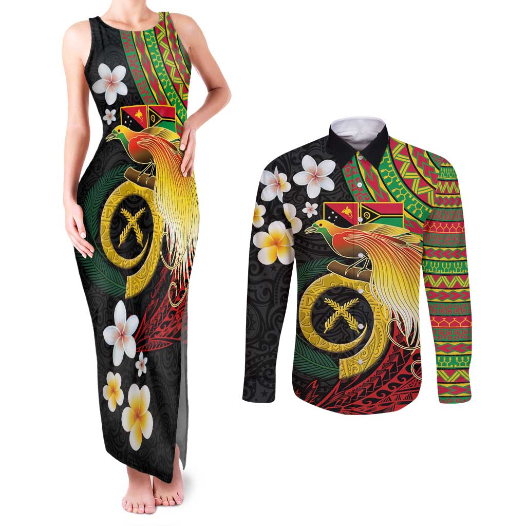 Vanuatu and Papua New Guinea Together Couples Matching Tank Maxi Dress and Long Sleeve Button Shirt Bird-of-paradise and Pig Tusk Melanesian Pattern LT03 Black - Polynesian Pride