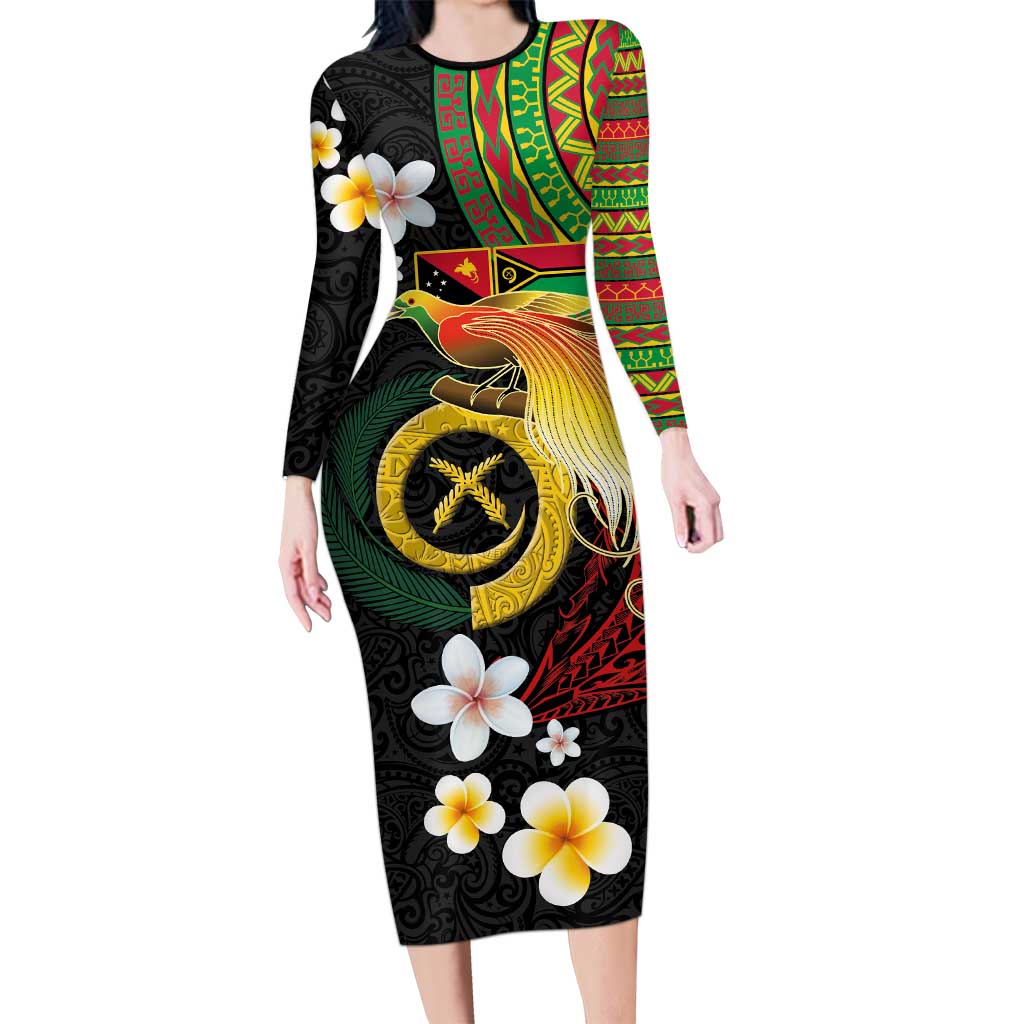 Vanuatu and Papua New Guinea Together Family Matching Long Sleeve Bodycon Dress and Hawaiian Shirt Bird-of-paradise and Pig Tusk Melanesian Pattern LT03 Mom's Dress Black - Polynesian Pride