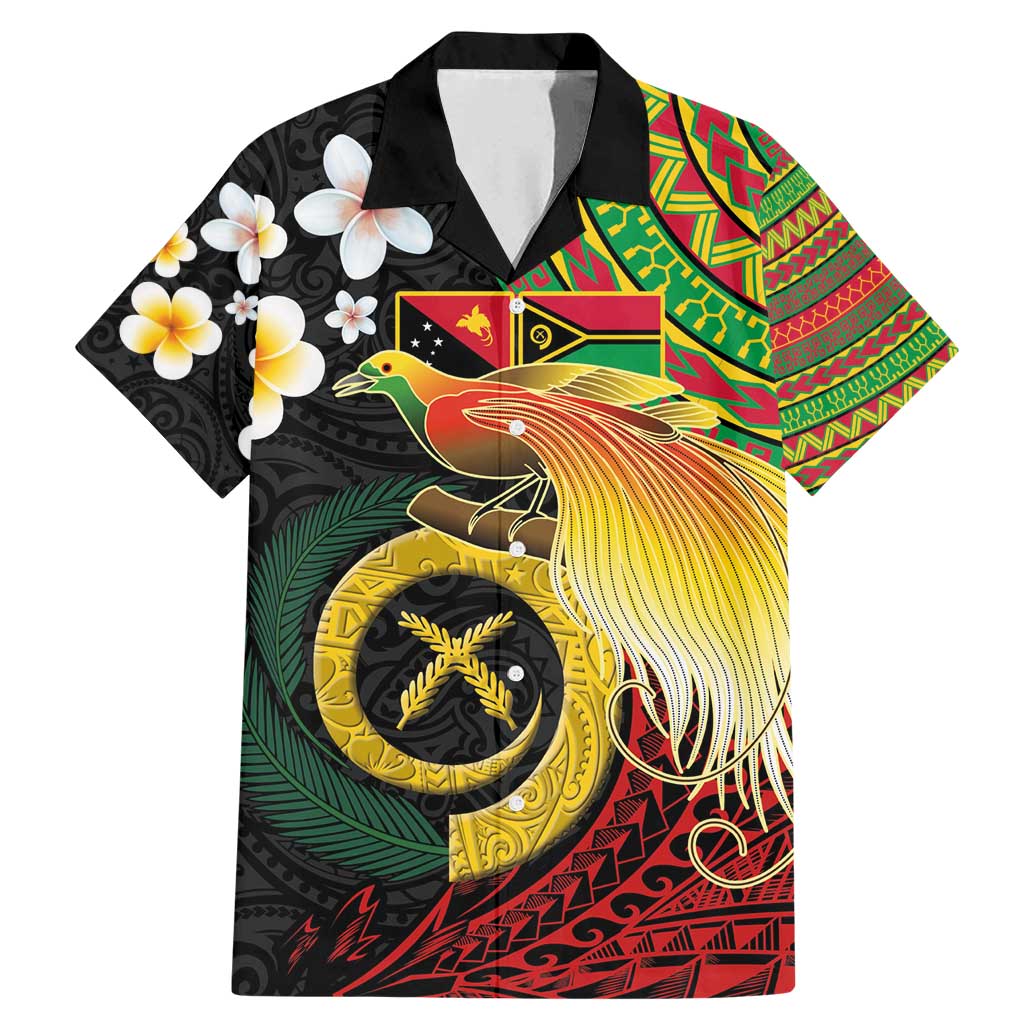 Vanuatu and Papua New Guinea Together Family Matching Mermaid Dress and Hawaiian Shirt Bird-of-paradise and Pig Tusk Melanesian Pattern LT03 Dad's Shirt - Short Sleeve Black - Polynesian Pride