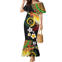 Vanuatu and Papua New Guinea Together Family Matching Mermaid Dress and Hawaiian Shirt Bird-of-paradise and Pig Tusk Melanesian Pattern LT03 Mom's Dress Black - Polynesian Pride