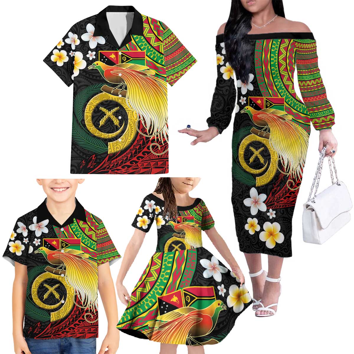 Vanuatu and Papua New Guinea Together Family Matching Off The Shoulder Long Sleeve Dress and Hawaiian Shirt Bird-of-paradise and Pig Tusk Melanesian Pattern LT03 - Polynesian Pride