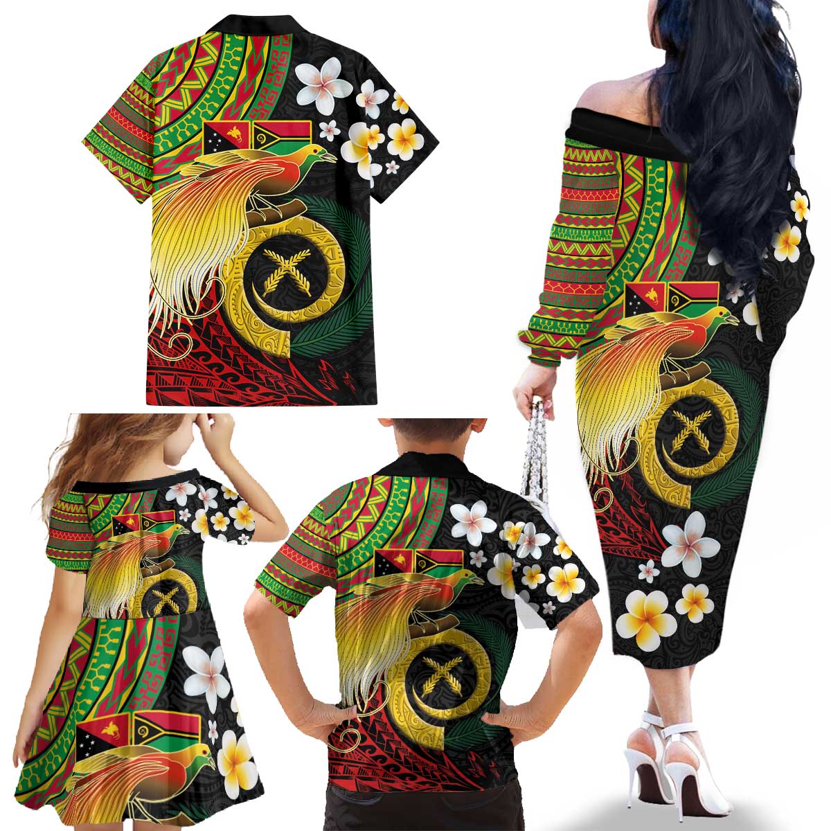 Vanuatu and Papua New Guinea Together Family Matching Off The Shoulder Long Sleeve Dress and Hawaiian Shirt Bird-of-paradise and Pig Tusk Melanesian Pattern LT03 - Polynesian Pride