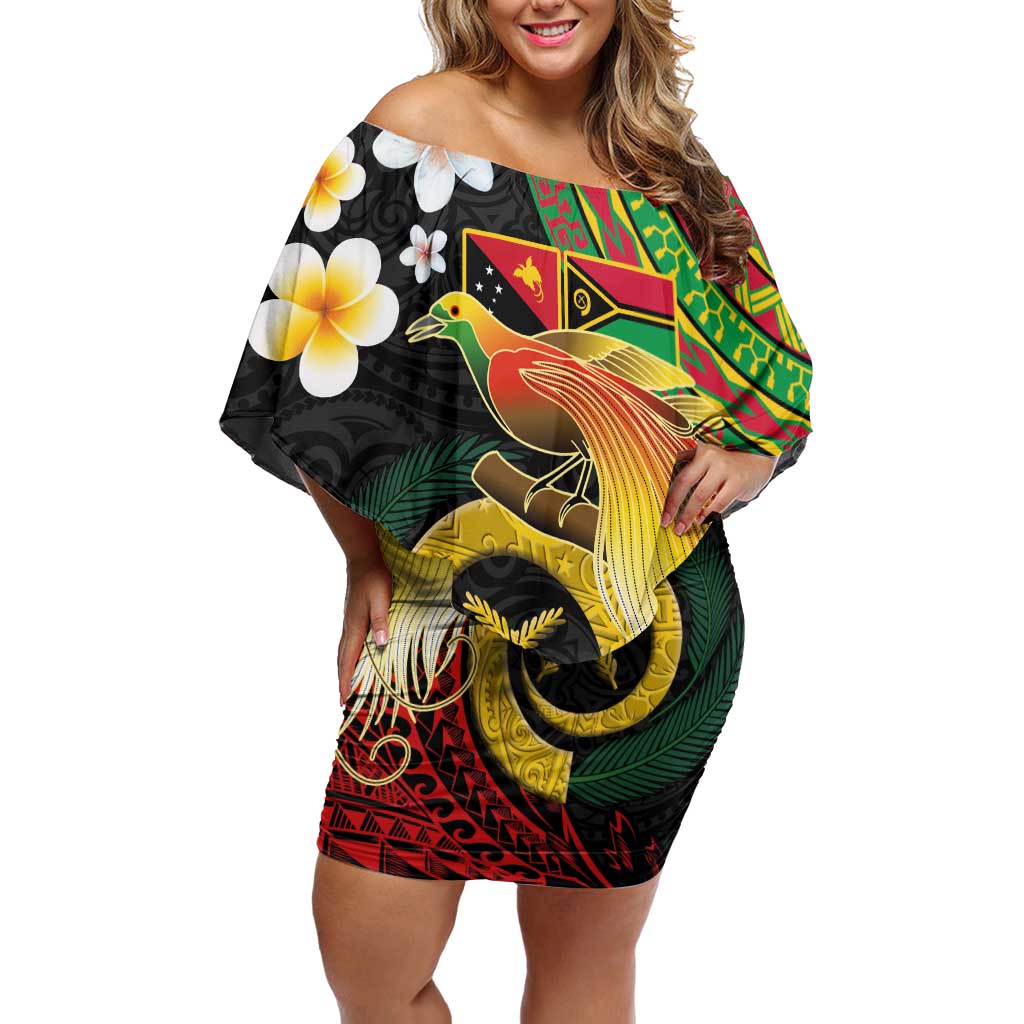 Vanuatu and Papua New Guinea Together Family Matching Off Shoulder Short Dress and Hawaiian Shirt Bird-of-paradise and Pig Tusk Melanesian Pattern LT03 Mom's Dress Black - Polynesian Pride