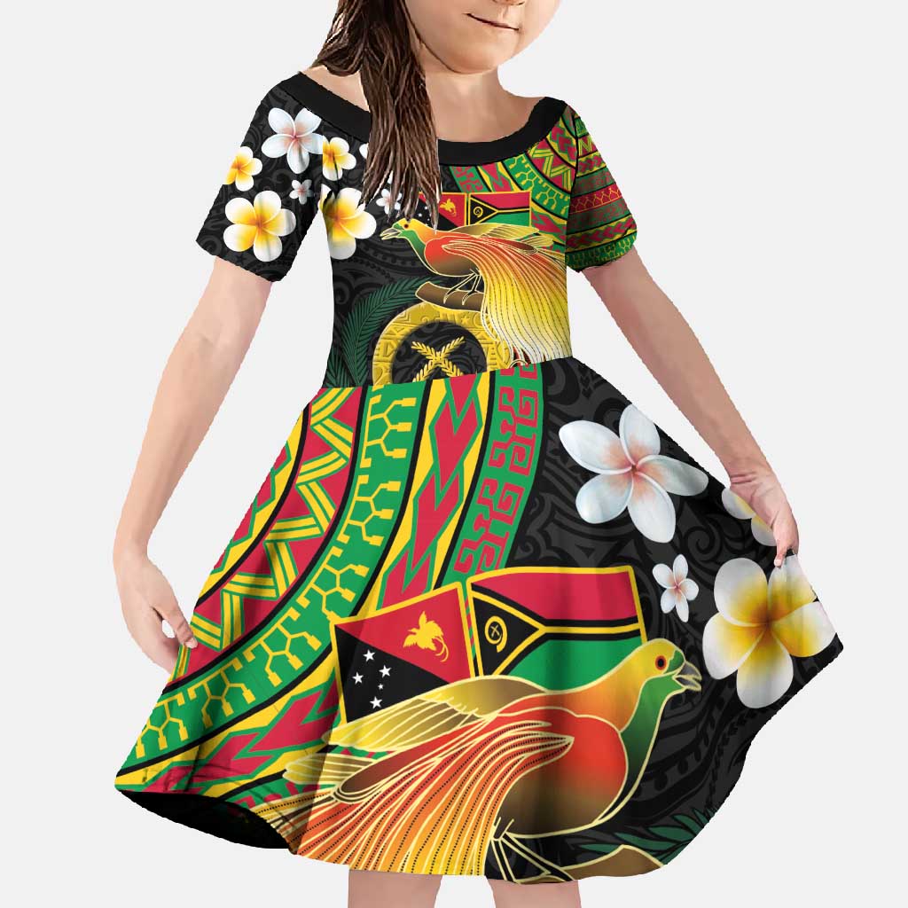 Vanuatu and Papua New Guinea Together Family Matching Short Sleeve Bodycon Dress and Hawaiian Shirt Bird-of-paradise and Pig Tusk Melanesian Pattern LT03 Daughter's Dress Black - Polynesian Pride
