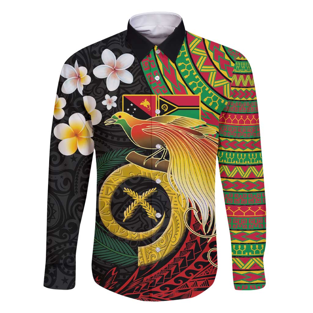 Vanuatu and Papua New Guinea Together Family Matching Short Sleeve Bodycon Dress and Hawaiian Shirt Bird-of-paradise and Pig Tusk Melanesian Pattern LT03 Dad's Shirt - Long Sleeve Black - Polynesian Pride