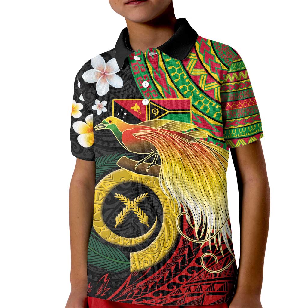 Vanuatu and Papua New Guinea Together Kid Polo Shirt Bird-of-paradise and Pig Tusk Melanesian Pattern LT03 Kid Black - Polynesian Pride