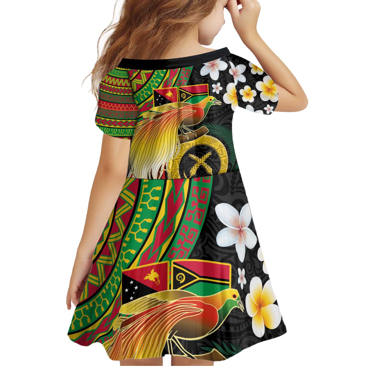 Vanuatu and Papua New Guinea Together Kid Short Sleeve Dress Bird-of-paradise and Pig Tusk Melanesian Pattern LT03 - Polynesian Pride