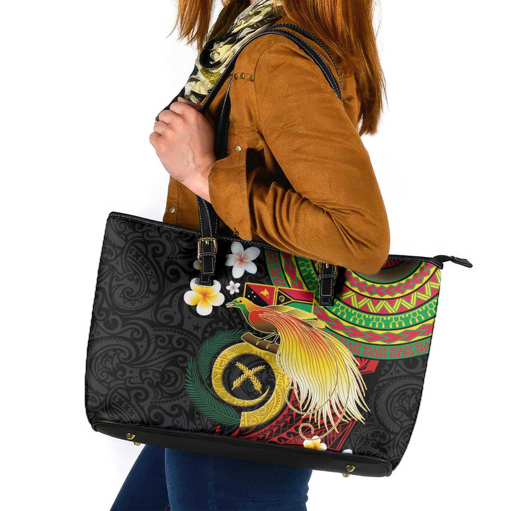 Vanuatu and Papua New Guinea Together Leather Tote Bag Bird-of-paradise and Pig Tusk Melanesian Pattern LT03 Black - Polynesian Pride