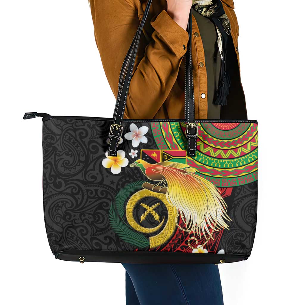 Vanuatu and Papua New Guinea Together Leather Tote Bag Bird-of-paradise and Pig Tusk Melanesian Pattern LT03 - Polynesian Pride