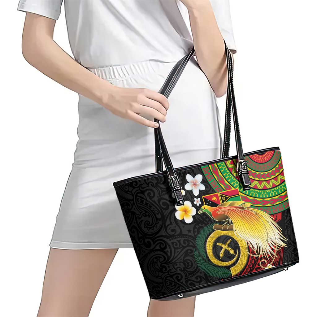 Vanuatu and Papua New Guinea Together Leather Tote Bag Bird-of-paradise and Pig Tusk Melanesian Pattern LT03 - Polynesian Pride