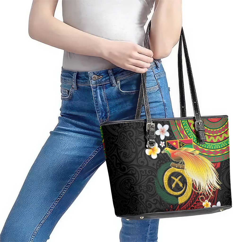 Vanuatu and Papua New Guinea Together Leather Tote Bag Bird-of-paradise and Pig Tusk Melanesian Pattern LT03 - Polynesian Pride