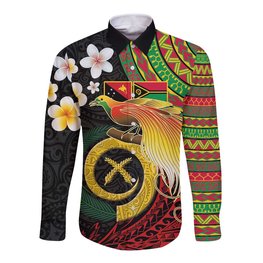 Vanuatu and Papua New Guinea Together Long Sleeve Button Shirt Bird-of-paradise and Pig Tusk Melanesian Pattern LT03 Unisex Black - Polynesian Pride