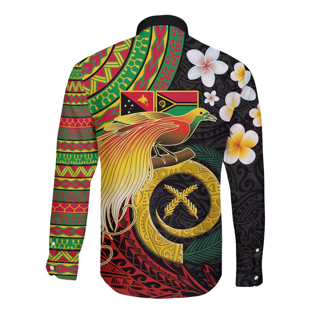 Vanuatu and Papua New Guinea Together Long Sleeve Button Shirt Bird-of-paradise and Pig Tusk Melanesian Pattern LT03 - Polynesian Pride