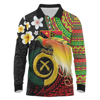 Vanuatu and Papua New Guinea Together Long Sleeve Polo Shirt Bird-of-paradise and Pig Tusk Melanesian Pattern LT03 Black - Polynesian Pride