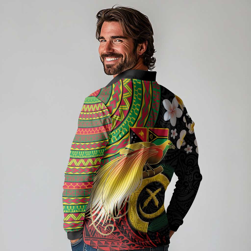 Vanuatu and Papua New Guinea Together Long Sleeve Polo Shirt Bird-of-paradise and Pig Tusk Melanesian Pattern LT03 - Polynesian Pride