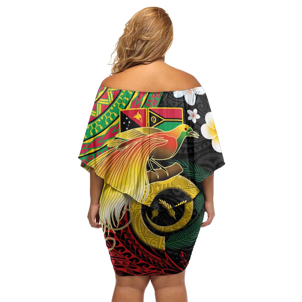 Vanuatu and Papua New Guinea Together Off Shoulder Short Dress Bird-of-paradise and Pig Tusk Melanesian Pattern LT03 - Polynesian Pride