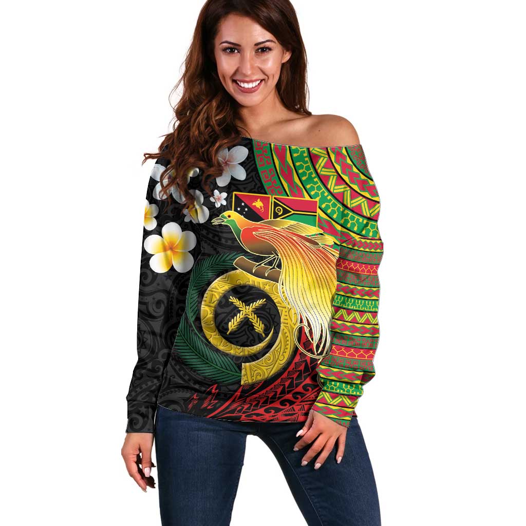 Vanuatu and Papua New Guinea Together Off Shoulder Sweater Bird-of-paradise and Pig Tusk Melanesian Pattern LT03 Women Black - Polynesian Pride