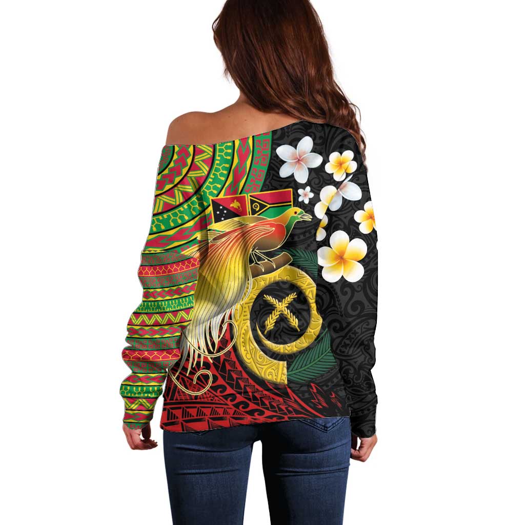 Vanuatu and Papua New Guinea Together Off Shoulder Sweater Bird-of-paradise and Pig Tusk Melanesian Pattern LT03 - Polynesian Pride