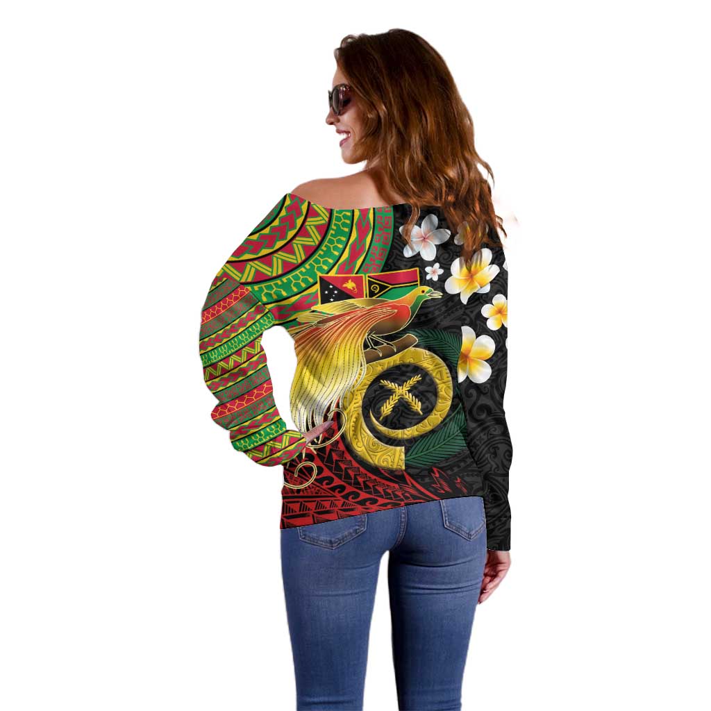Vanuatu and Papua New Guinea Together Off Shoulder Sweater Bird-of-paradise and Pig Tusk Melanesian Pattern LT03 - Polynesian Pride