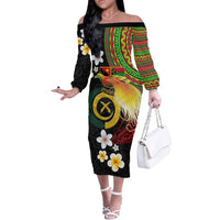 Vanuatu and Papua New Guinea Together Off The Shoulder Long Sleeve Dress Bird-of-paradise and Pig Tusk Melanesian Pattern LT03 Women Black - Polynesian Pride