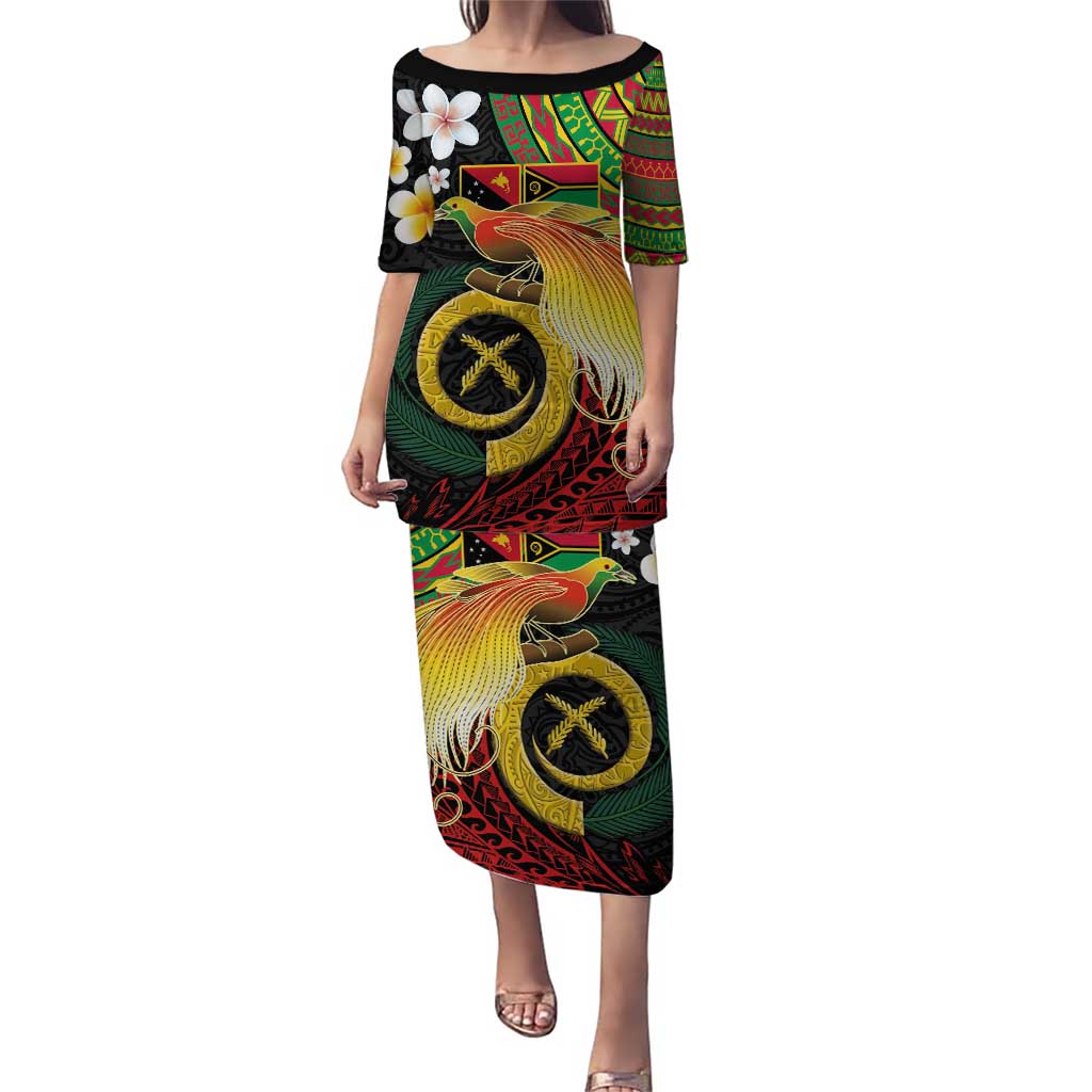 Vanuatu and Papua New Guinea Together Puletasi Bird-of-paradise and Pig Tusk Melanesian Pattern LT03 Long Dress Black - Polynesian Pride
