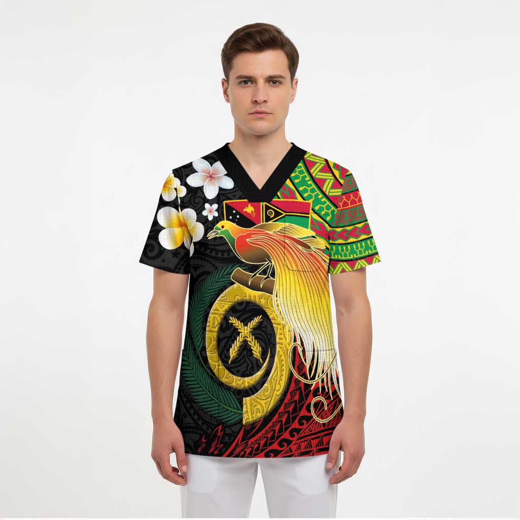 Vanuatu and Papua New Guinea Together Scrub Top Bird-of-paradise and Pig Tusk Melanesian Pattern LT03 - Polynesian Pride