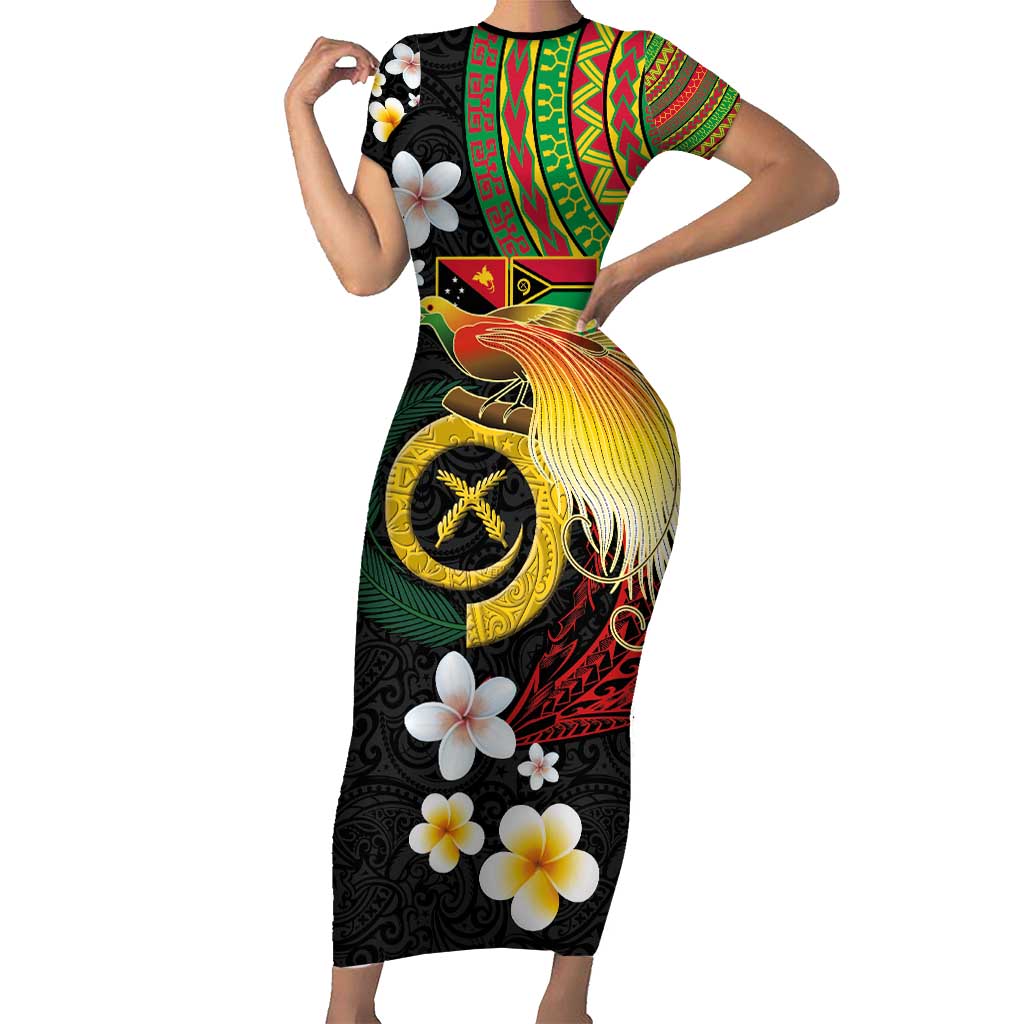 Vanuatu and Papua New Guinea Together Short Sleeve Bodycon Dress Bird-of-paradise and Pig Tusk Melanesian Pattern LT03 Long Dress Black - Polynesian Pride