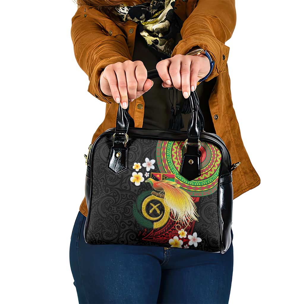 Vanuatu and Papua New Guinea Together Shoulder Handbag Bird-of-paradise and Pig Tusk Melanesian Pattern LT03 One Size Black - Polynesian Pride