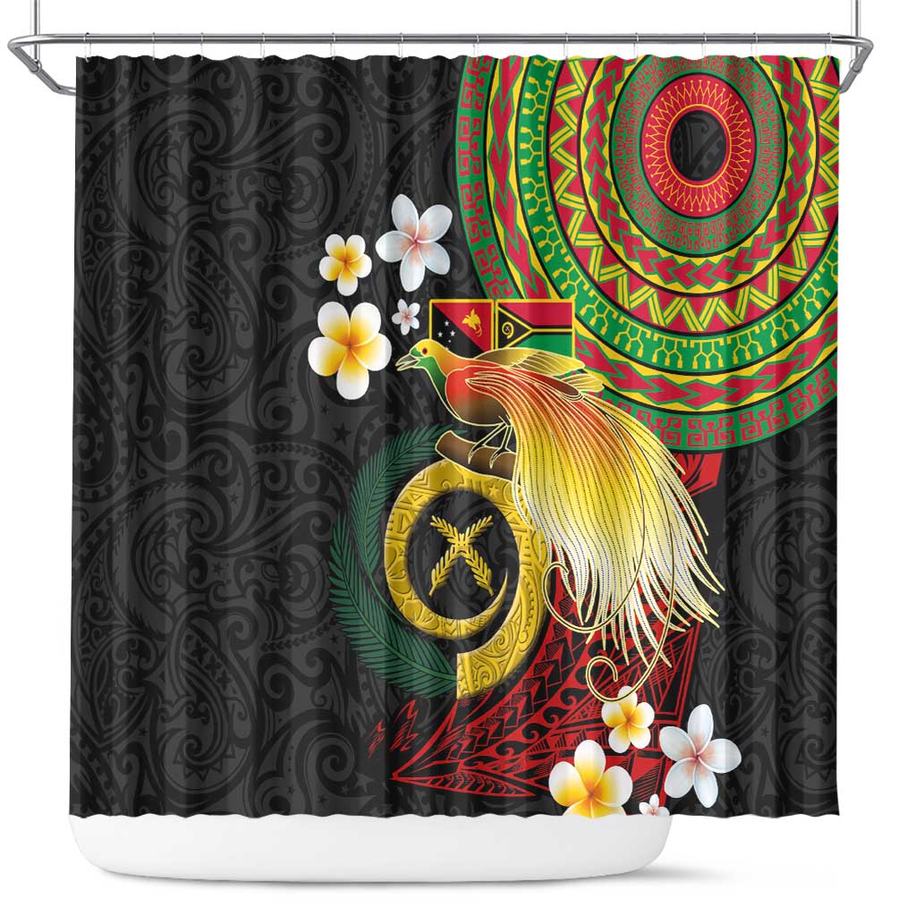 Vanuatu and Papua New Guinea Together Shower Curtain Bird-of-paradise and Pig Tusk Melanesian Pattern LT03 Black - Polynesian Pride