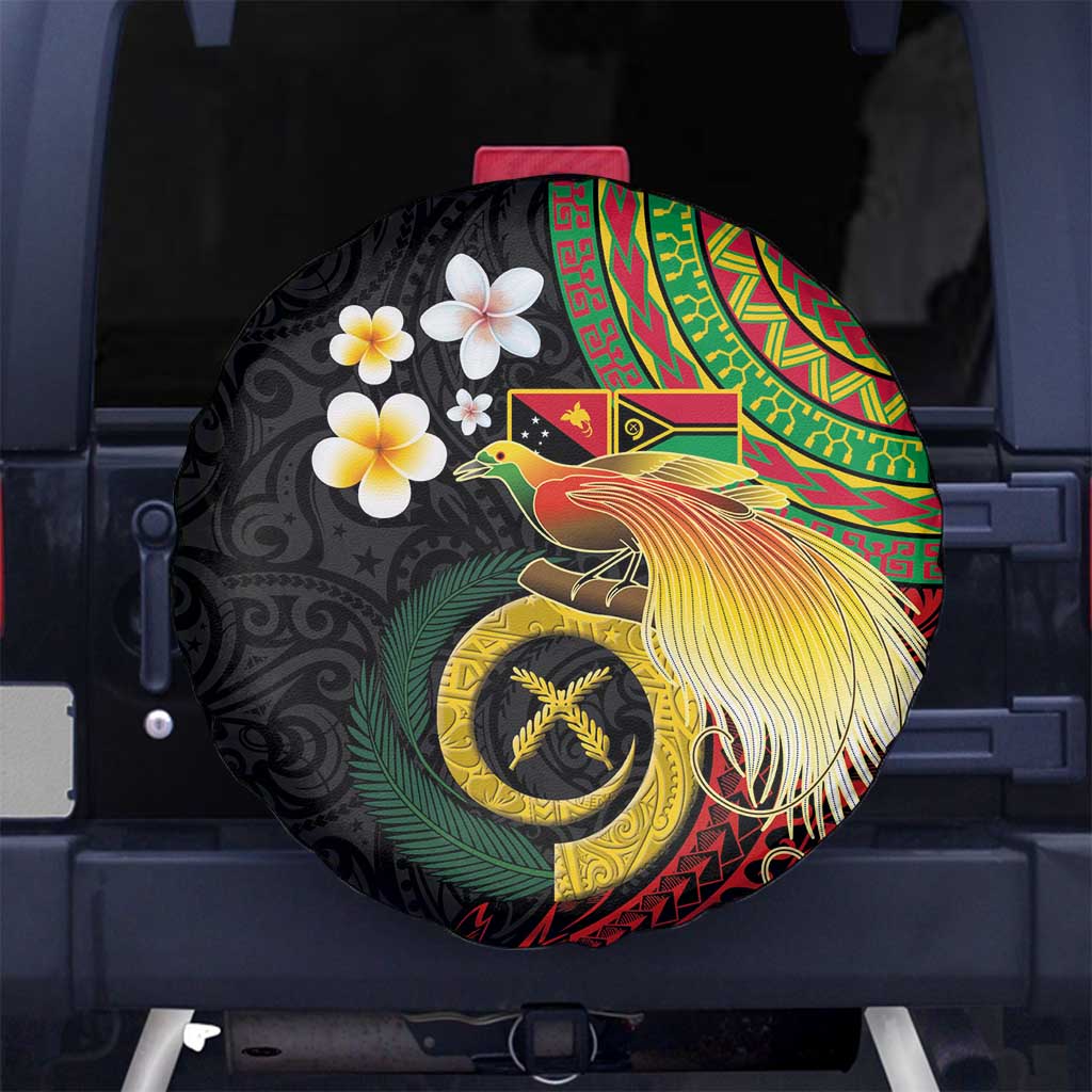 Vanuatu and Papua New Guinea Together Spare Tire Cover Bird-of-paradise and Pig Tusk Melanesian Pattern LT03 No hole Black - Polynesian Pride