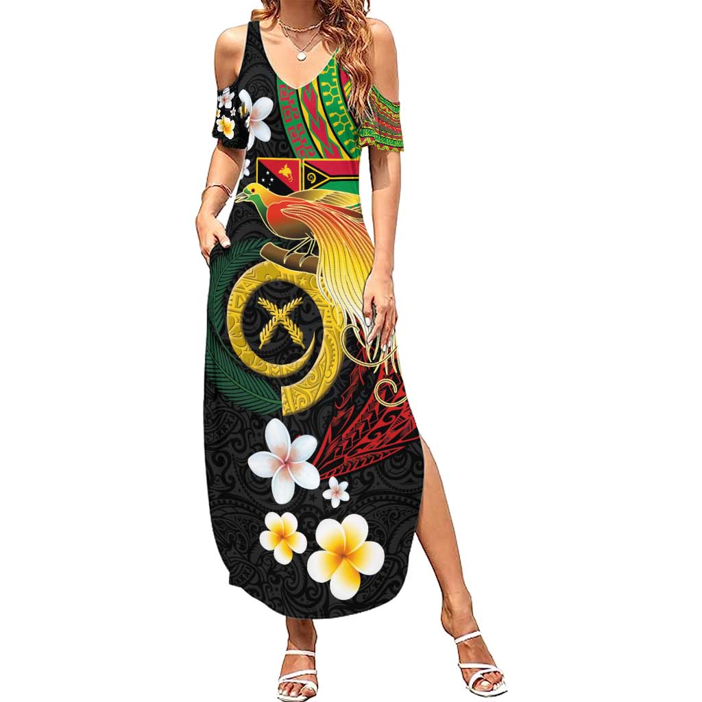 Vanuatu and Papua New Guinea Together Summer Maxi Dress Bird-of-paradise and Pig Tusk Melanesian Pattern LT03 Women Black - Polynesian Pride