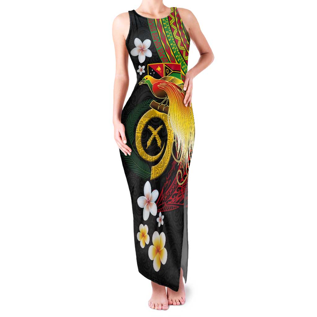 Vanuatu and Papua New Guinea Together Tank Maxi Dress Bird-of-paradise and Pig Tusk Melanesian Pattern LT03 Women Black - Polynesian Pride