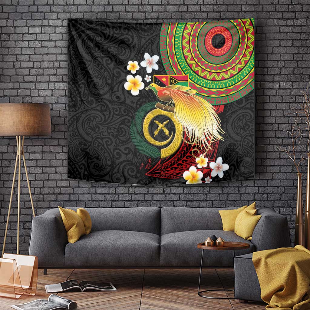 Vanuatu and Papua New Guinea Together Tapestry Bird-of-paradise and Pig Tusk Melanesian Pattern LT03 Black - Polynesian Pride