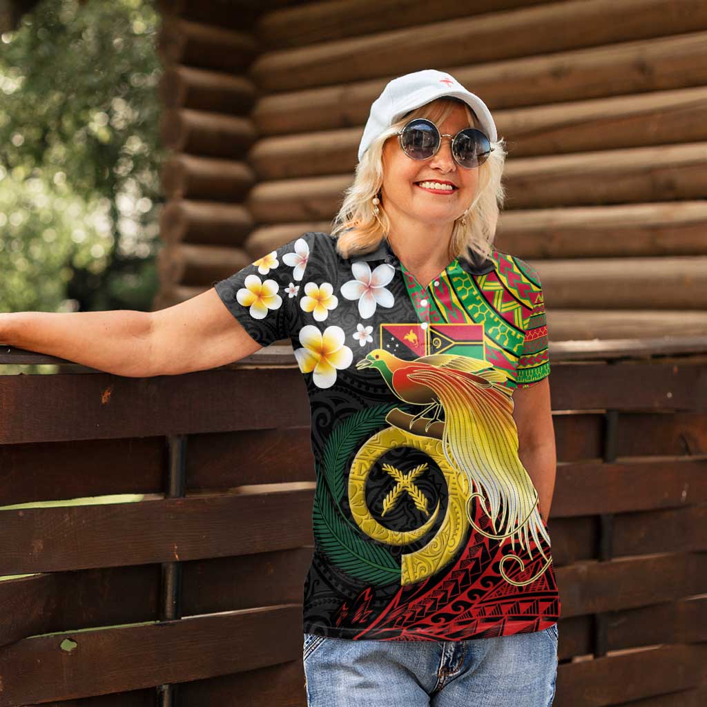 Vanuatu and Papua New Guinea Together Women Polo Shirt Bird-of-paradise and Pig Tusk Melanesian Pattern LT03 - Polynesian Pride