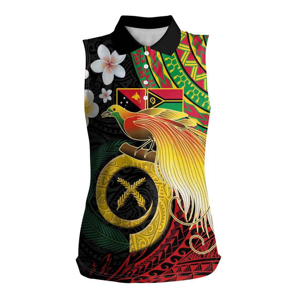 Vanuatu and Papua New Guinea Together Women Sleeveless Polo Shirt Bird-of-paradise and Pig Tusk Melanesian Pattern LT03 Female Black - Polynesian Pride
